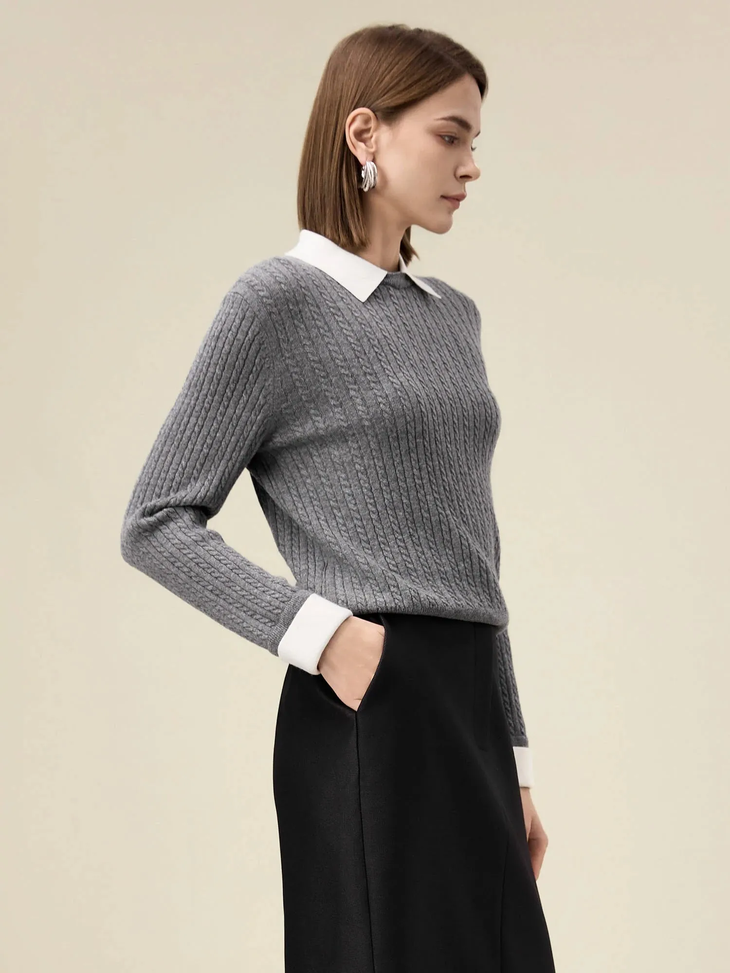 Amoretu Women's 100% Wool Lapel Cable Knit Sweater