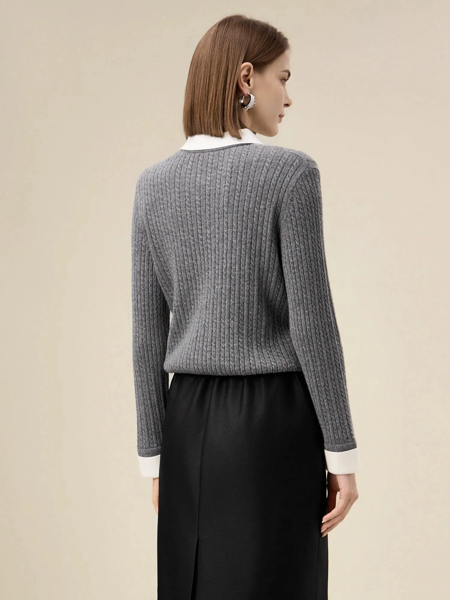 Amoretu Women's 100% Wool Lapel Cable Knit Sweater