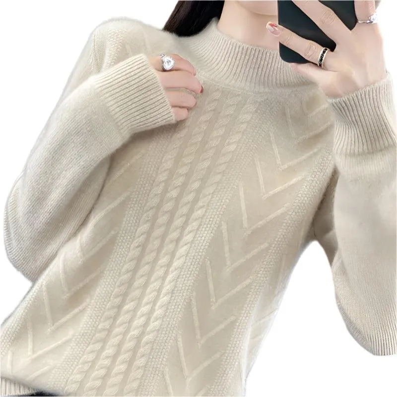 Long-Sleeved -High-Necked Twisted Knit Wool Pullover Sweater for Autumn/Winter