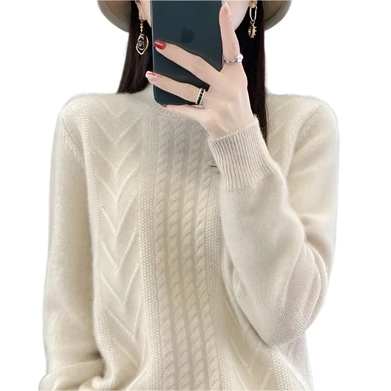 Long-Sleeved -High-Necked Twisted Knit Wool Pullover Sweater for Autumn/Winter