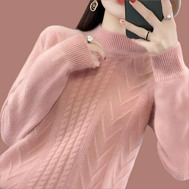 Long-Sleeved -High-Necked Twisted Knit Wool Pullover Sweater for Autumn/Winter