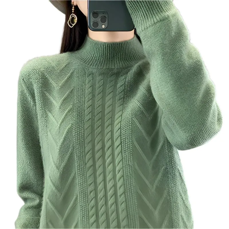 Long-Sleeved -High-Necked Twisted Knit Wool Pullover Sweater for Autumn/Winter
