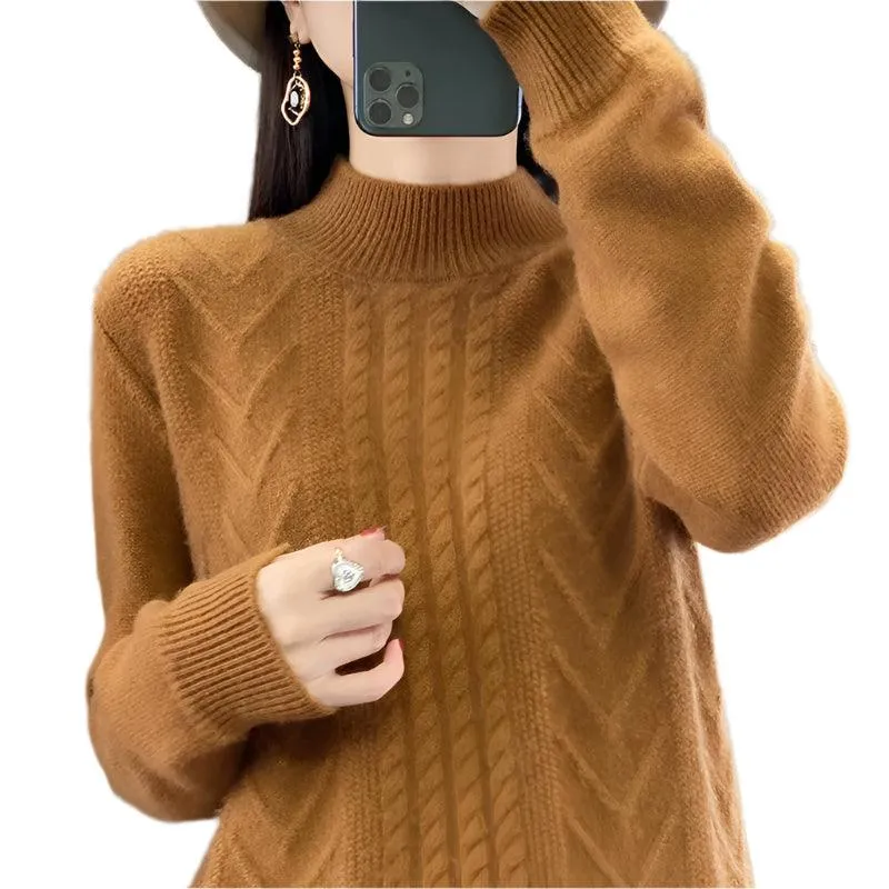 Long-Sleeved -High-Necked Twisted Knit Wool Pullover Sweater for Autumn/Winter