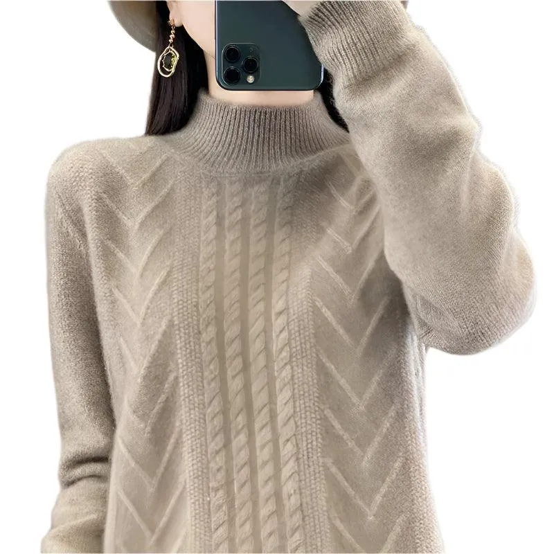 Long-Sleeved -High-Necked Twisted Knit Wool Pullover Sweater for Autumn/Winter
