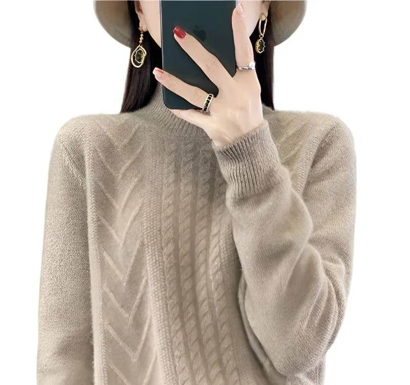 Long-Sleeved -High-Necked Twisted Knit Wool Pullover Sweater for Autumn/Winter