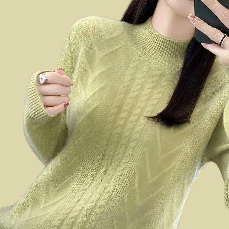 Long-Sleeved -High-Necked Twisted Knit Wool Pullover Sweater for Autumn/Winter