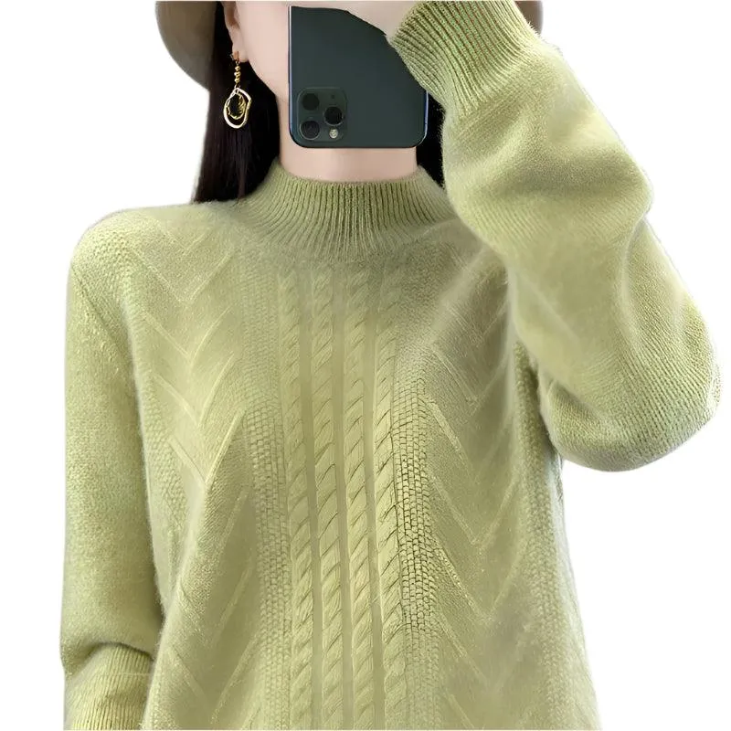 Long-Sleeved -High-Necked Twisted Knit Wool Pullover Sweater for Autumn/Winter