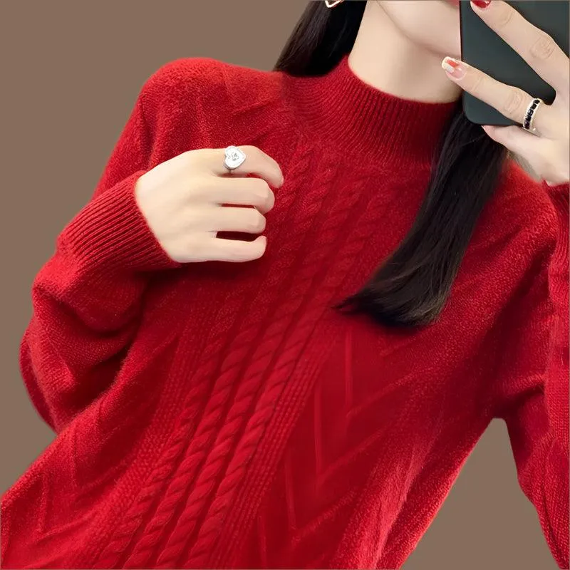 Long-Sleeved -High-Necked Twisted Knit Wool Pullover Sweater for Autumn/Winter