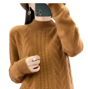 Long-Sleeved -High-Necked Twisted Knit Wool Pullover Sweater for Autumn/Winter