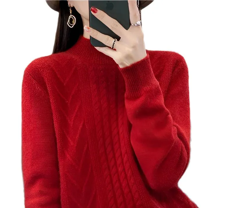 Long-Sleeved -High-Necked Twisted Knit Wool Pullover Sweater for Autumn/Winter