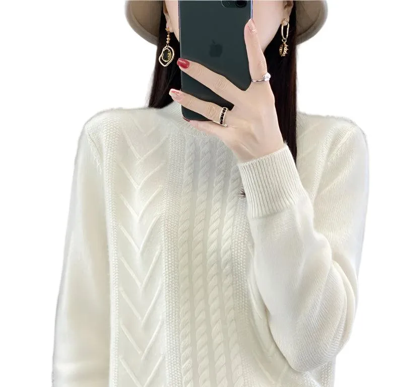 Long-Sleeved -High-Necked Twisted Knit Wool Pullover Sweater for Autumn/Winter