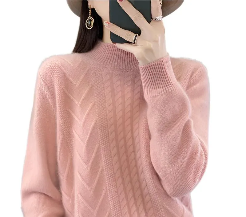 Long-Sleeved -High-Necked Twisted Knit Wool Pullover Sweater for Autumn/Winter