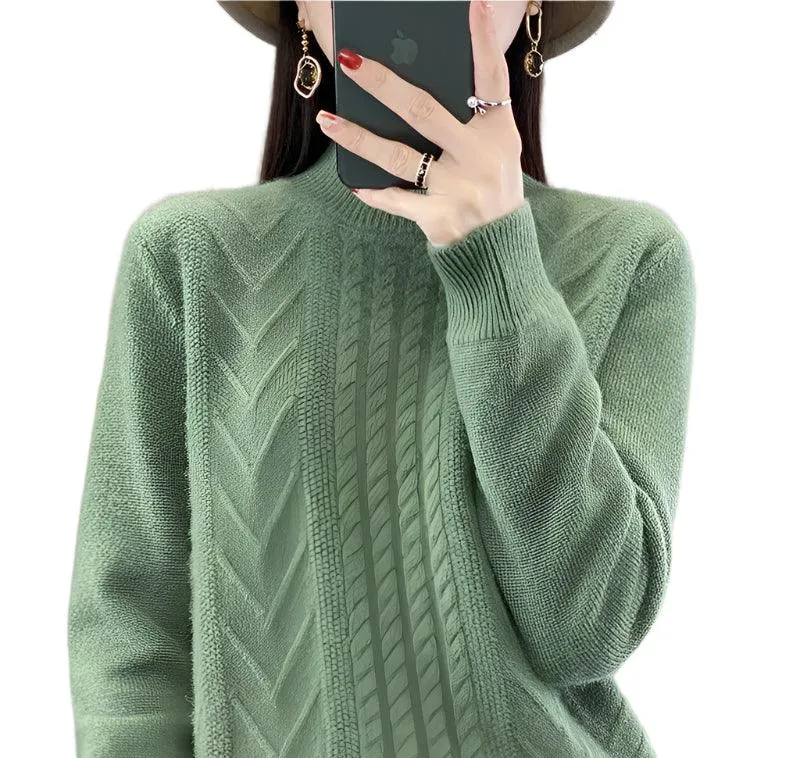 Long-Sleeved -High-Necked Twisted Knit Wool Pullover Sweater for Autumn/Winter