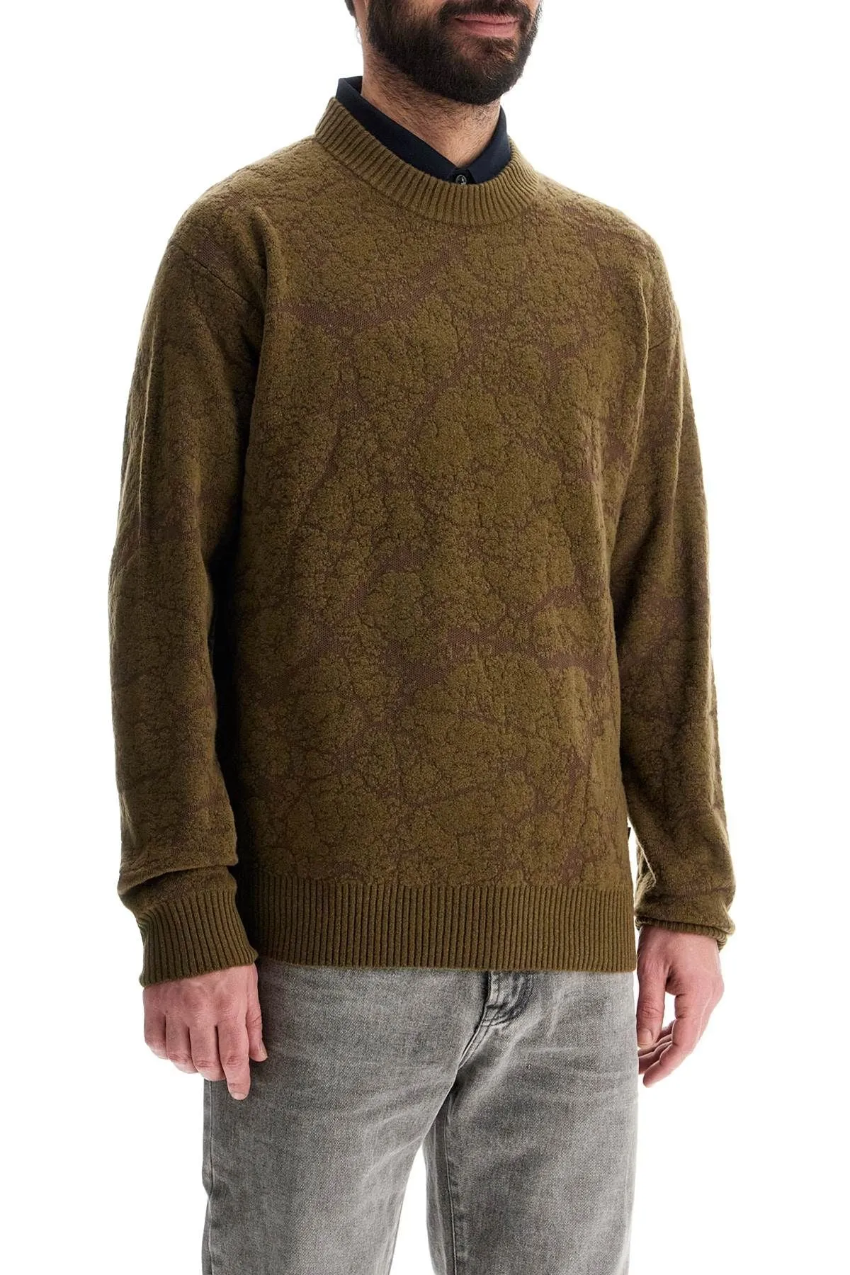 OLIVE GREEN WOOL SWEATER WITH ROUND NECK FOR MEN